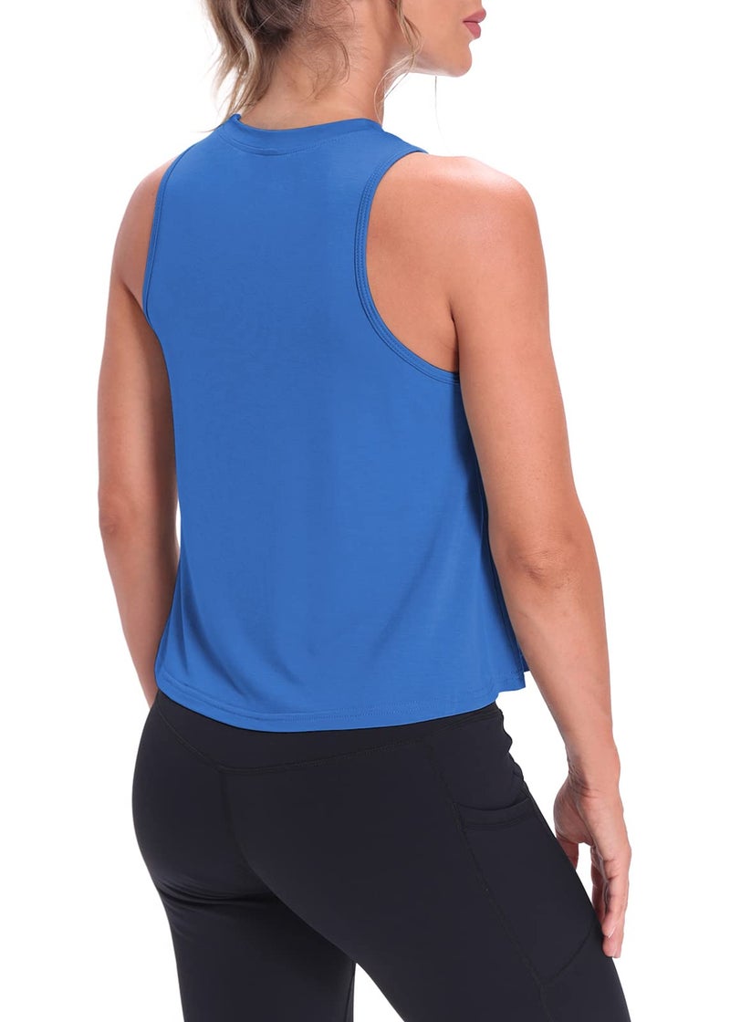 Mippo Cropped Workout Tops for Women Workout Shirts Sleeveless Tank Flowy Loose Crop High Neck Tank Tops Blue M - Image 3
